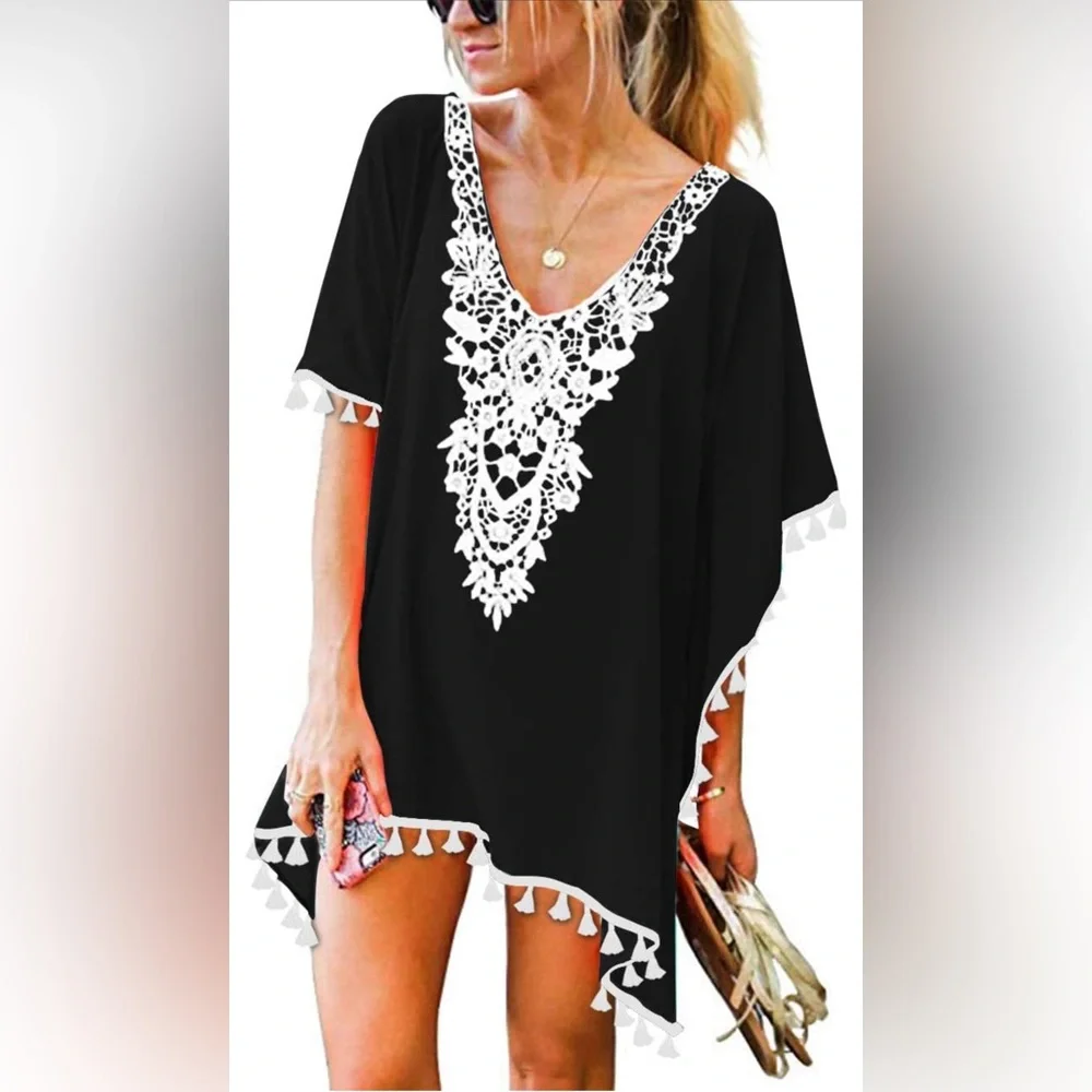 379. NEW CPOKRTWSO Women’s Crochet Chiffon Tassel Swimsuit Beach Bikini Cover Up - Picture 3 of 6